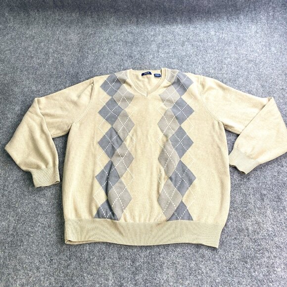 Izod Sweater Mens L Tan Argyle Diamond V Neck Pullover Preppy Grandpa neutral‎ - Picture 1 of 9